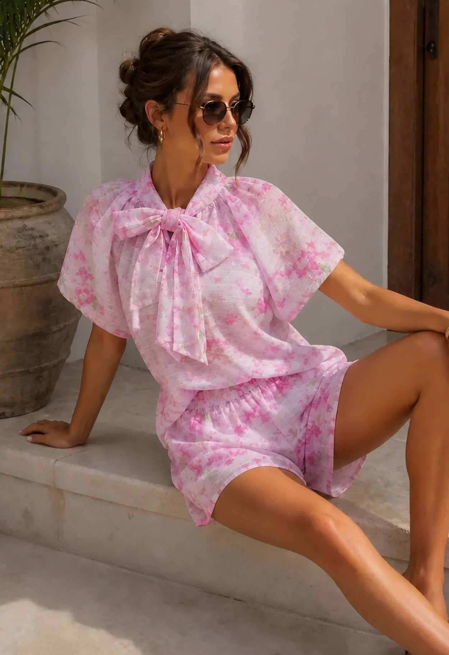 BLOMMIGT SET Rosa– KNUTEN TOPP+ SHORTS