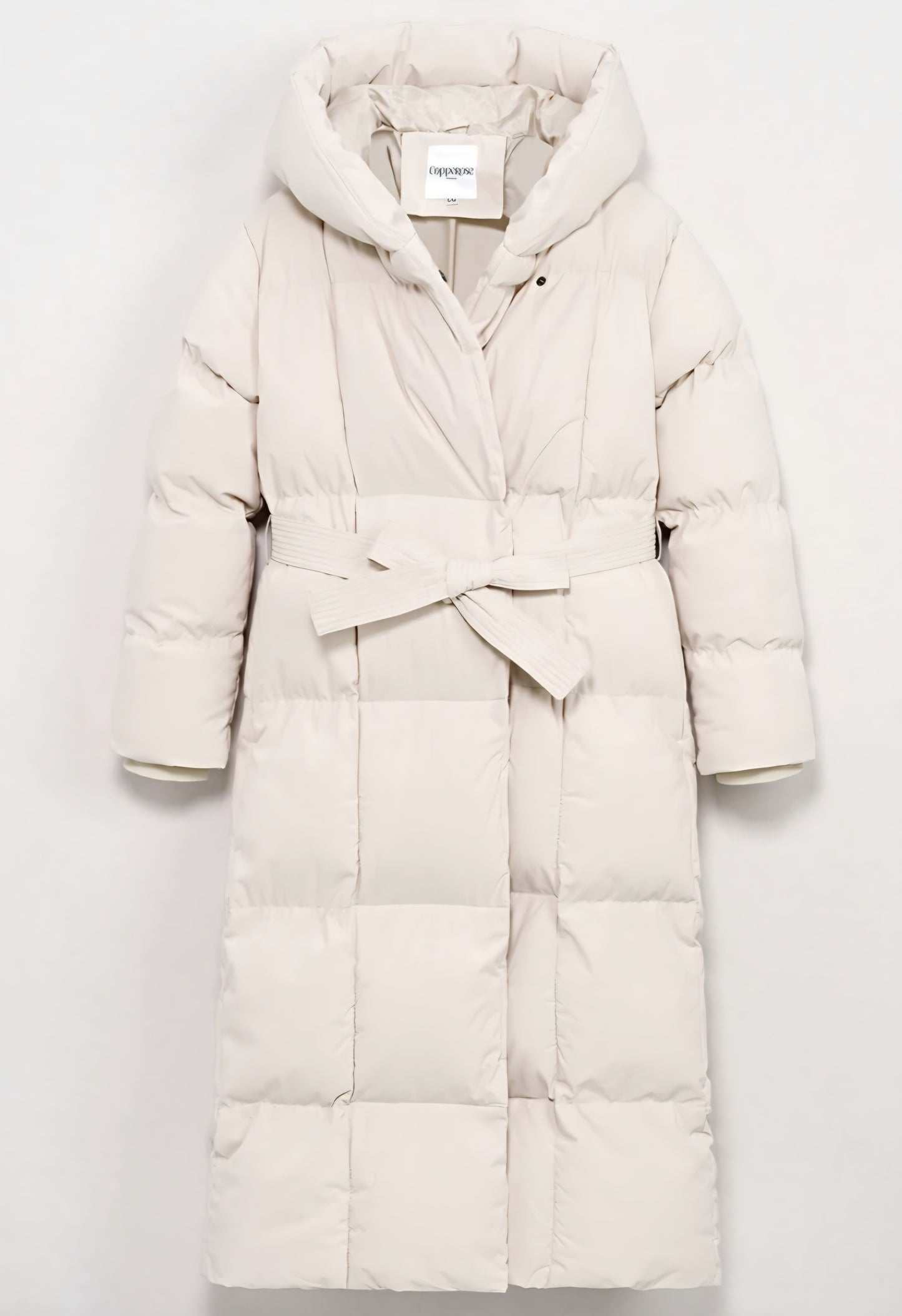 Lång quiltadjacka med bälte, huva Beige