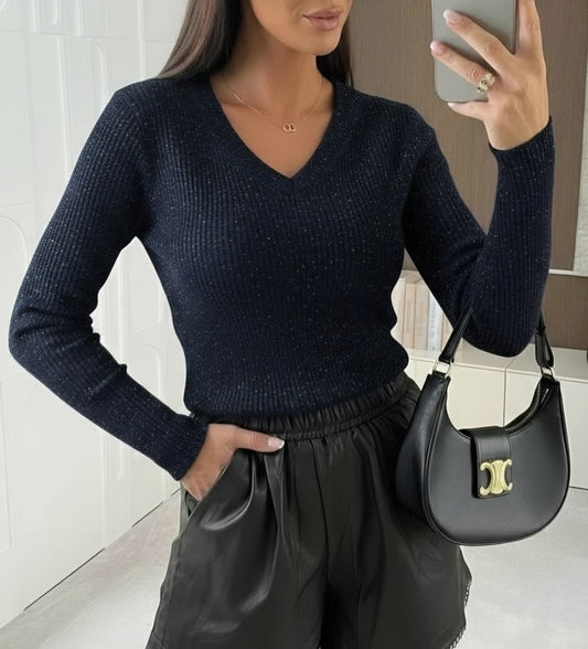 V-ringad långärmad topp Glitter Marinblå