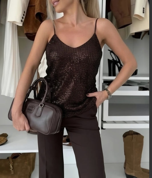 Topp med tunna axelband paljetter Brun