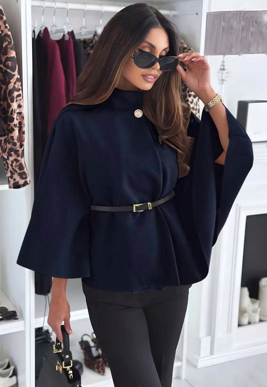 Elegant cape with belt Marinblå