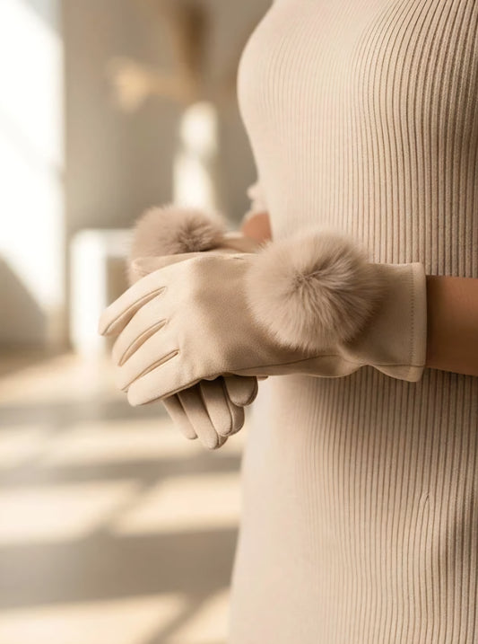 Handske med fuskpäls pompom Beige