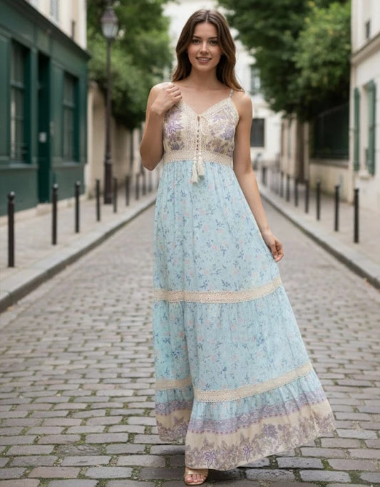 Blommig maxiklänning Viskos Blå