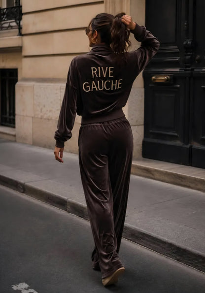 Brun set i sammet Rive Gauche – Jacka med dragkedja och byxor med vida ben (kopia 2)