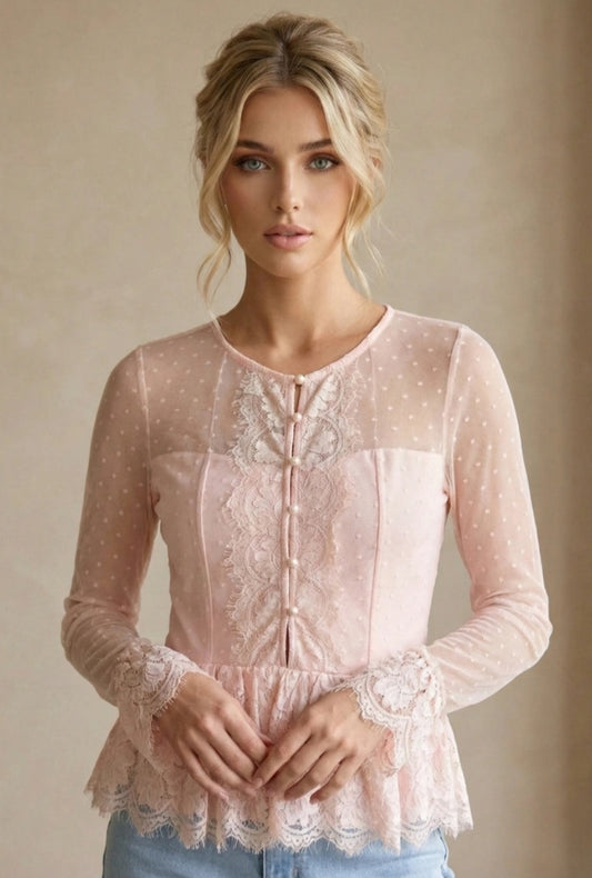 Elegant spetsblus – Prickig Rosa