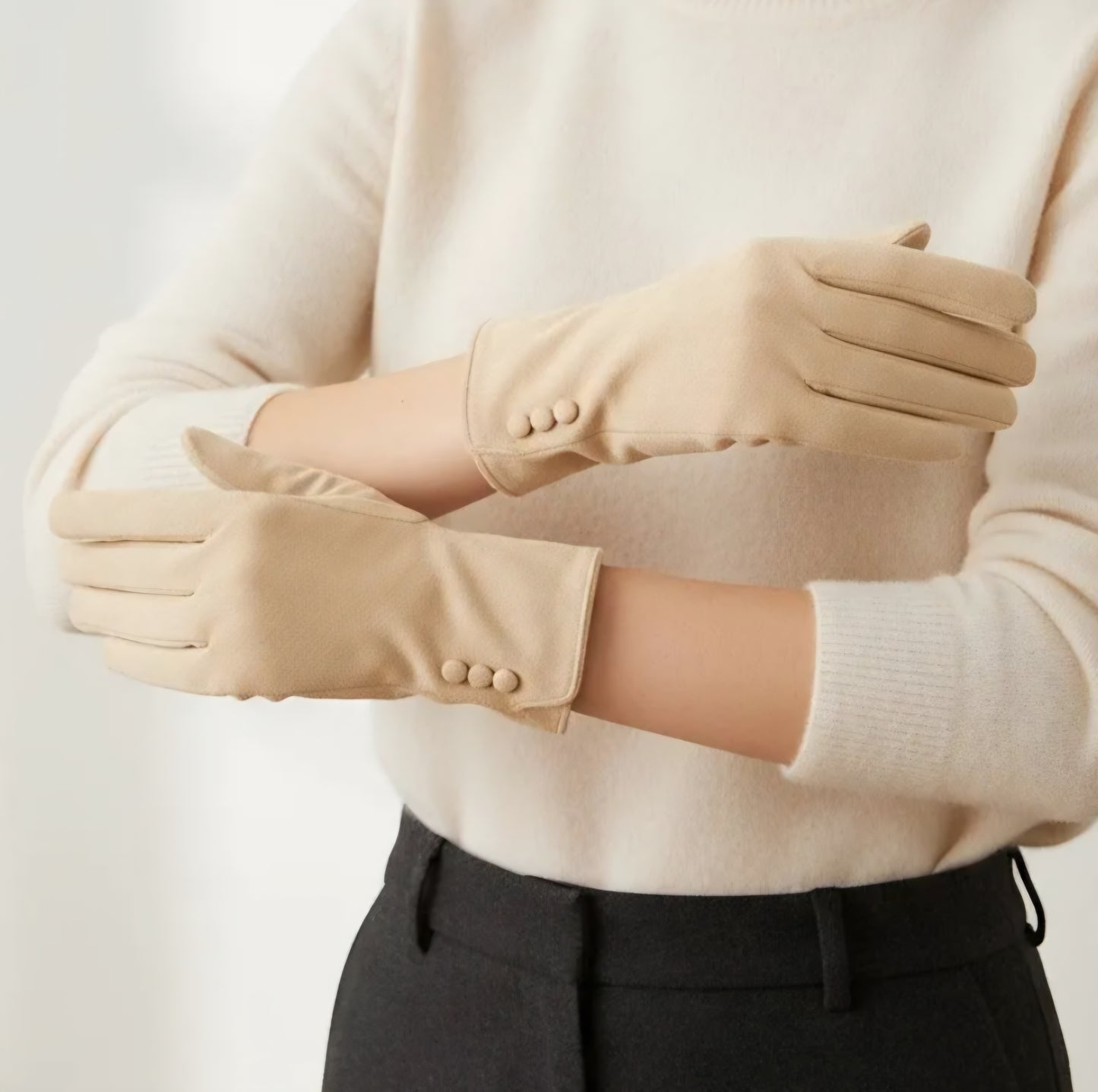 Handske med knappar Beige