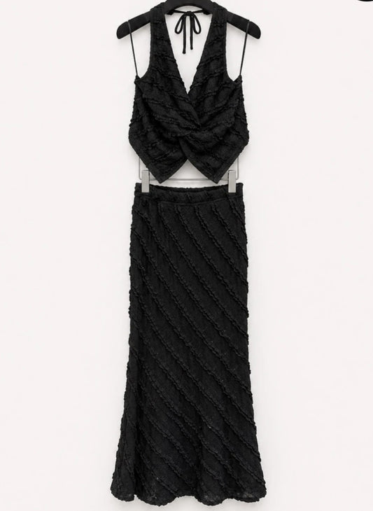 Elegant set lång kjol och knuten topp Svart
