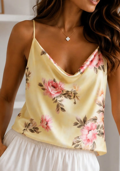 Satin topp med blommönster Gul