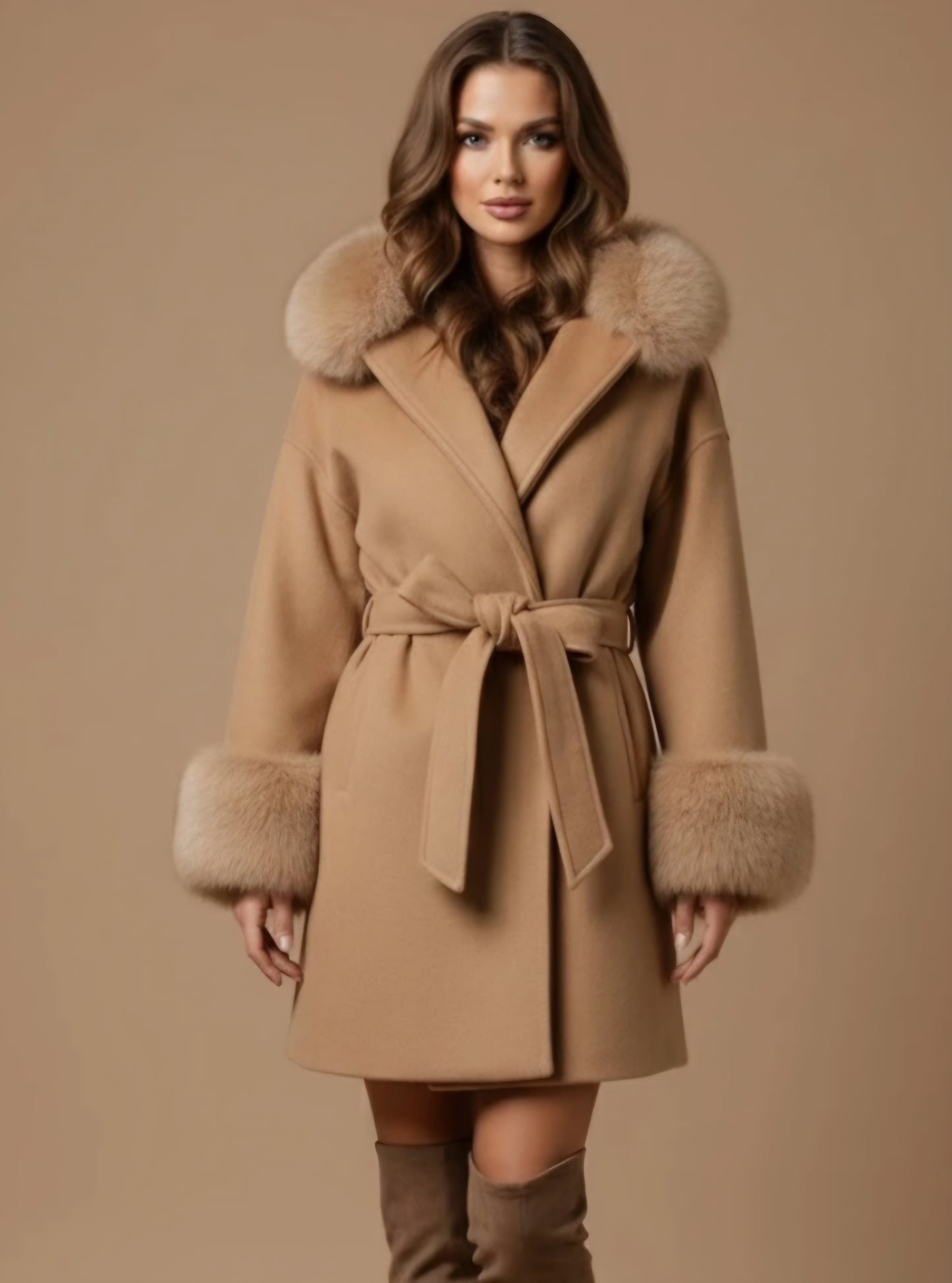 Kappa med fuskpäls och huva Camel