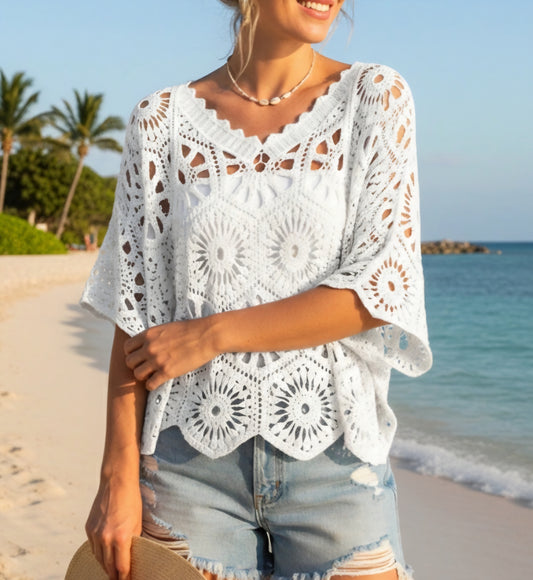 2-delad virkad topp Vit