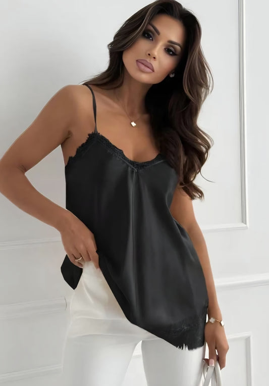 Satin topp med spetsfinish Svart