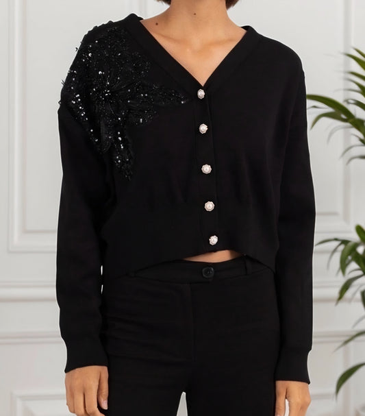 Kofta med strass pärlbroderad blomma Svart