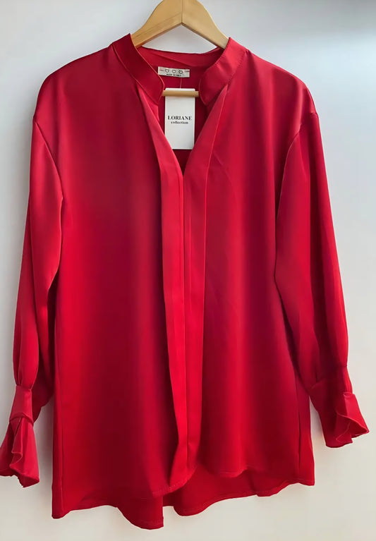 Satinblus med puffärmar Röd