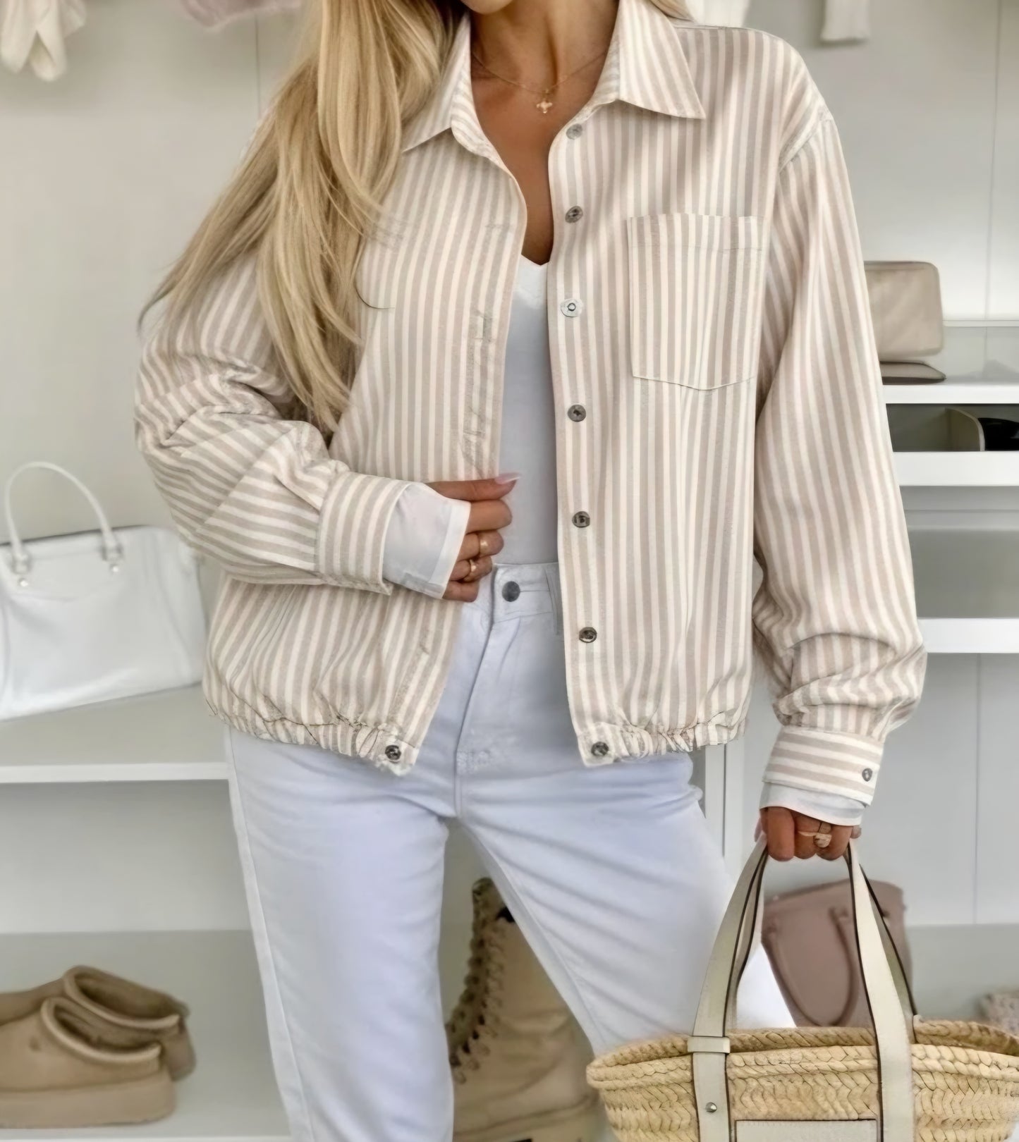 Randig skjortjacket Beige