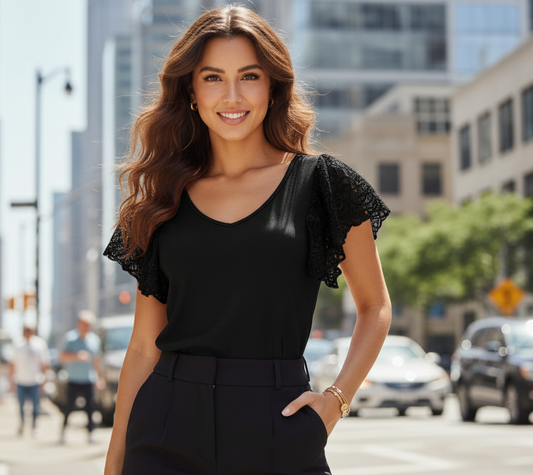 Extra stretchig Topp med volangarm Svart