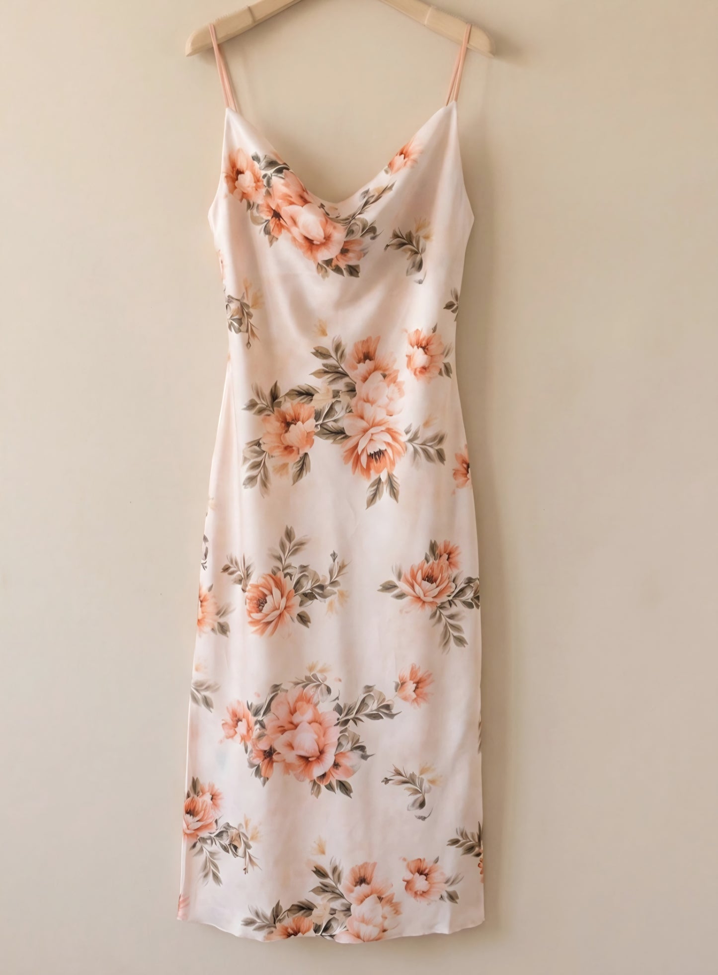 Blommig satinklänning med slits Offwhite