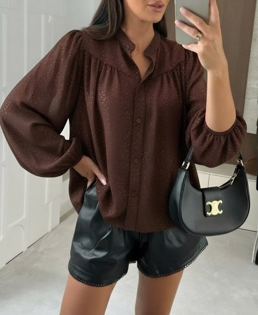 Paljettskjorta med viskosfoder och puffärmar Brun