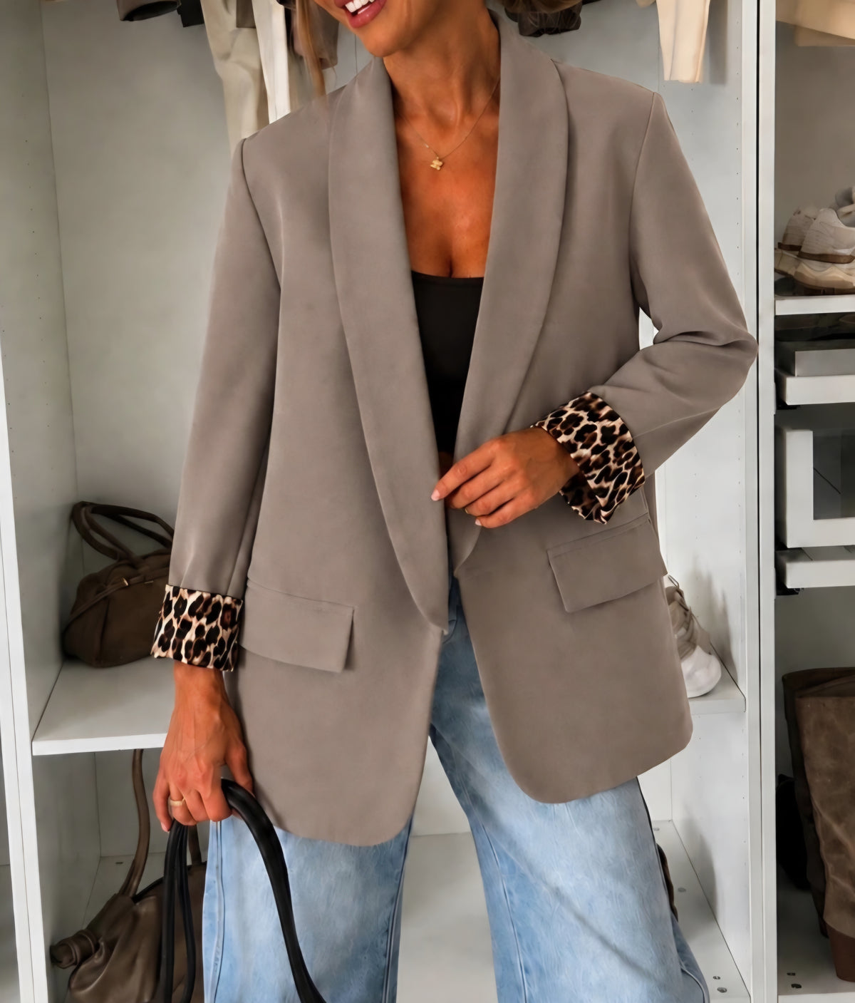Kavaj med leoparddetalj Taupe