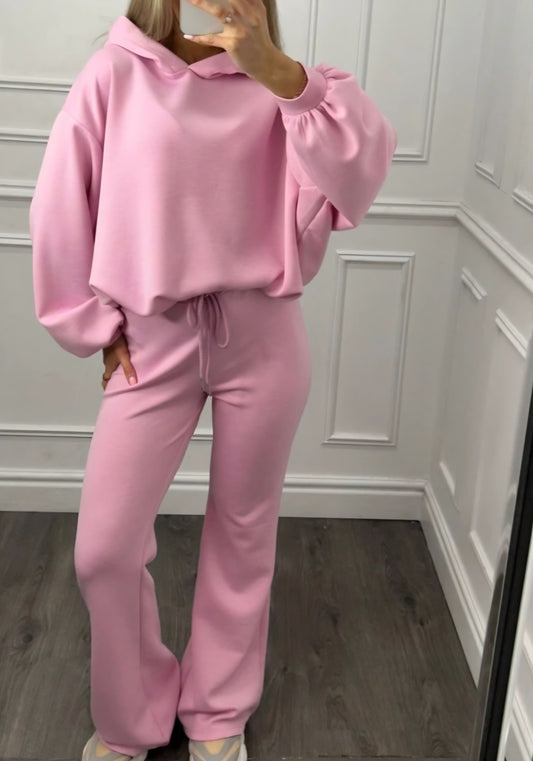 Set, Snygg sweatshirt med huva och utsvängda byxor Rosa