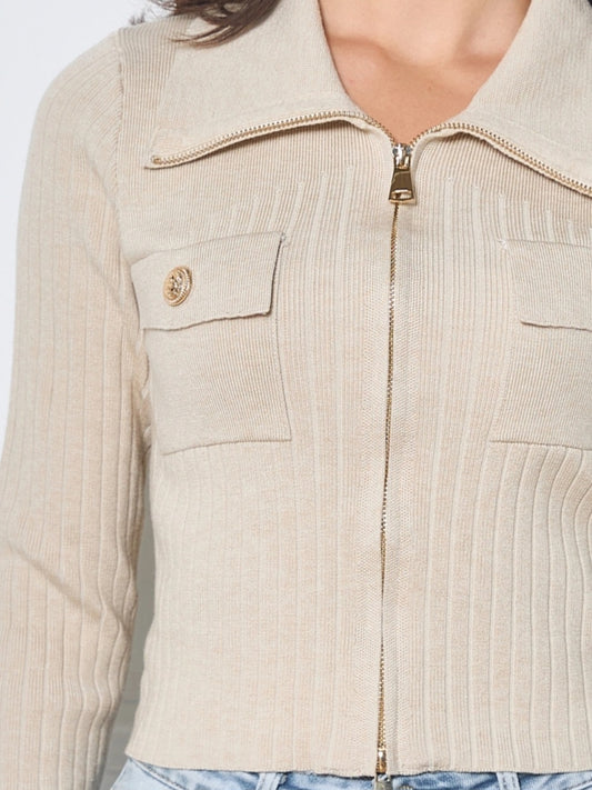 Ribbad stickad tröja Beige