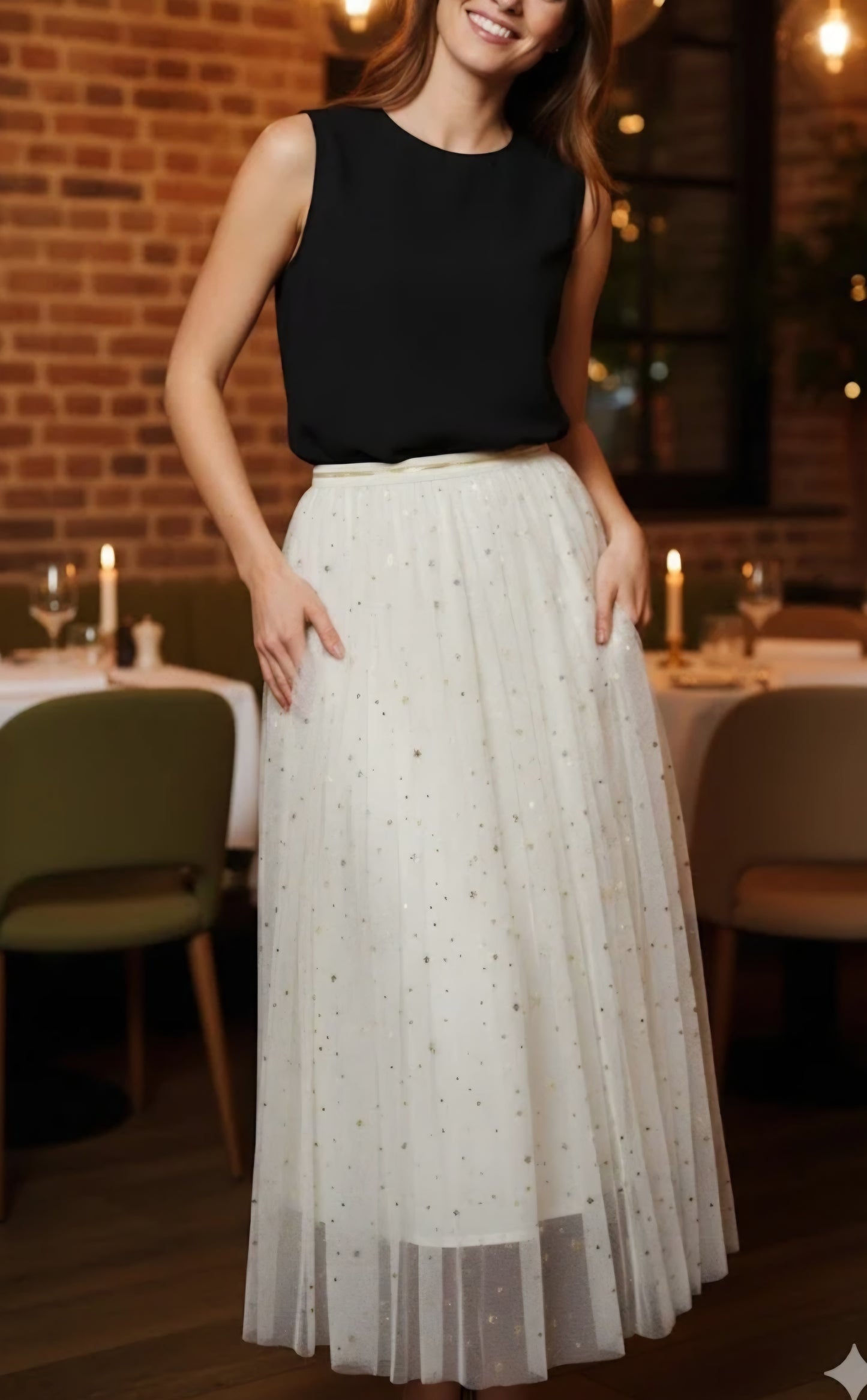 Mellanlång tyllkjol med stjärnor Offwhite