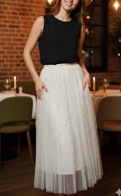 Mellanlång tyllkjol med stjärnor Offwhite