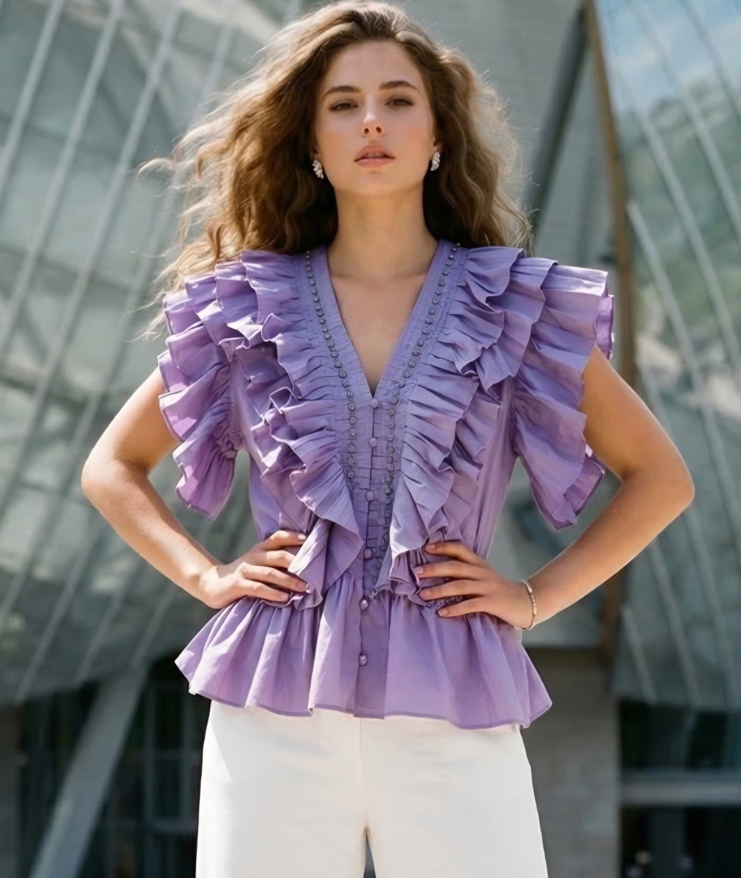 Blus med volang, V-ringning Lila