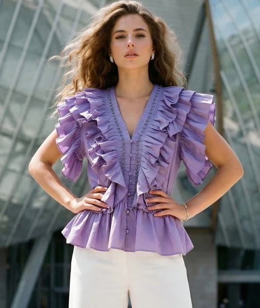 Blus med volang, V-ringning Lila