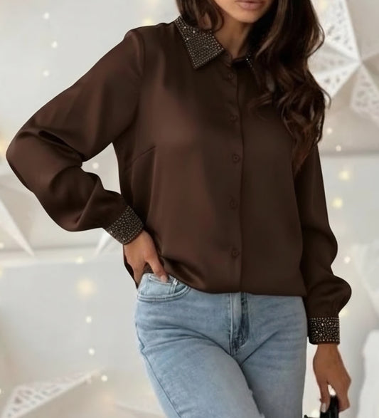 Satinskjorta med krage strass, Brun