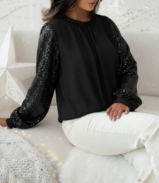 Blus med rynkad krage Svart, paljettärmar och viskosfoder