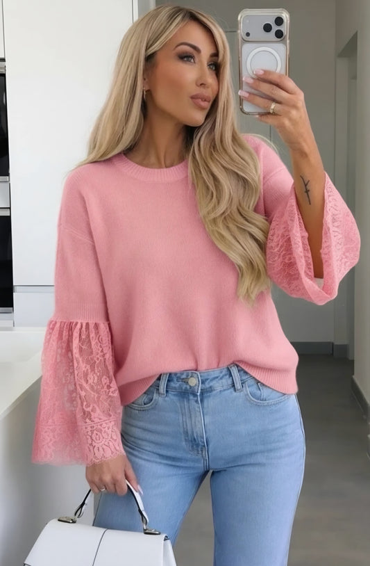 Mycket mjuk babyalpackatröja Spets Rosa