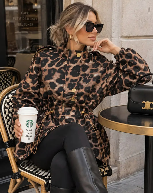 Leopardmönstrad Jacka Justerbar midja och guldfärgade knappar