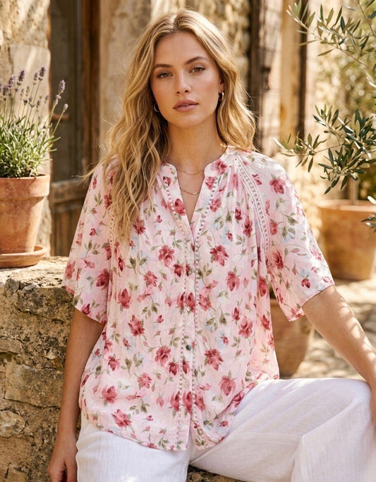 Blommig böljande skjorta Rosa