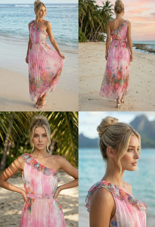 Blommig Ombre One-Shoulder Plisserad Maxiklänning