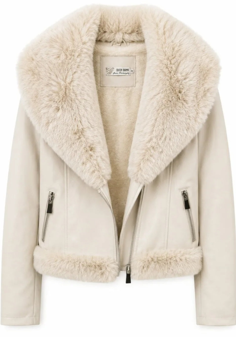 Kort jacka i konstläder med fuskpälskrage Beige