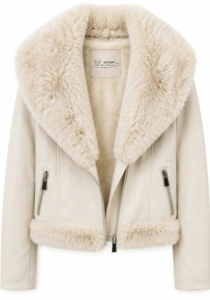 Kort jacka i konstläder med fuskpälskrage Beige
