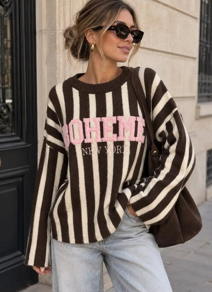 Boheme randig stickad tröja med broderi Rosa