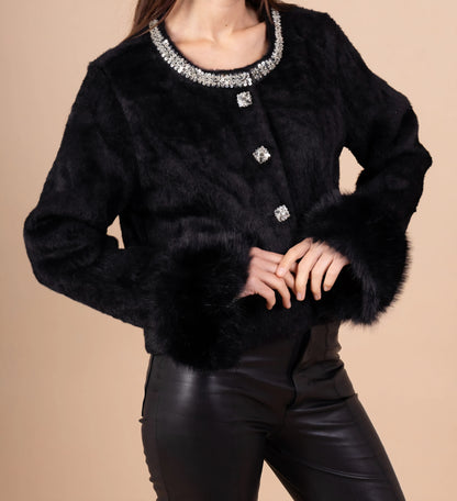 Svart Jacka i fuskpäls med snygg silver krage