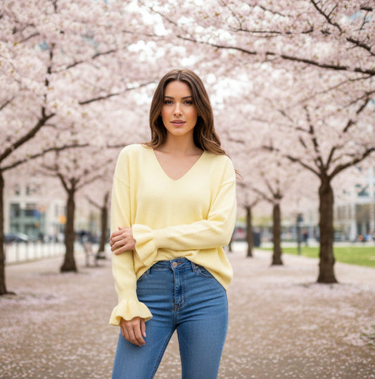 V-ringad tröja med volanger Gul