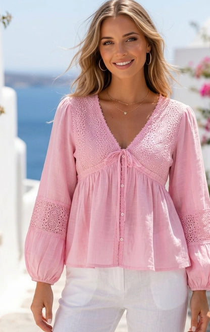 Blus med broderade detaljer Rosa