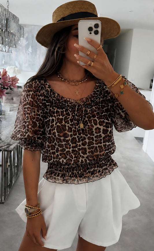 Böljande leopardmönstrad blus Mörk