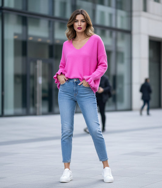 V-ringad tröja med volanger Rosa