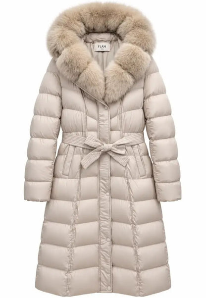 Lång puffärm med skärp och fuskpälshuva Beige
