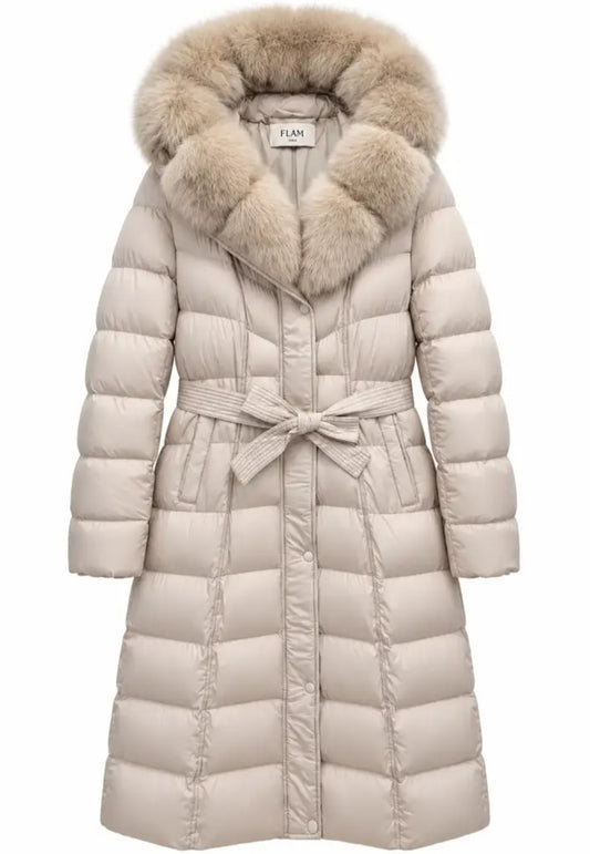 Lång puffärm med skärp och fuskpälshuva Beige