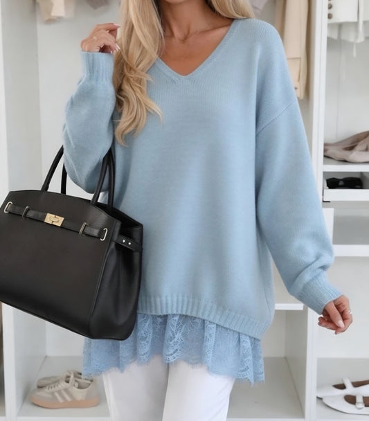Stor v-ringad tröja med spets Blå