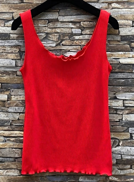 LAURA linne i ribbad bomull Röd