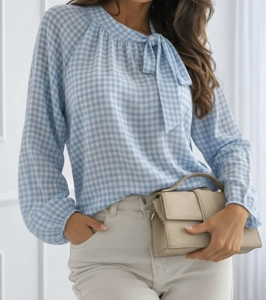 Blus med knytkrage och rutmönster Blå