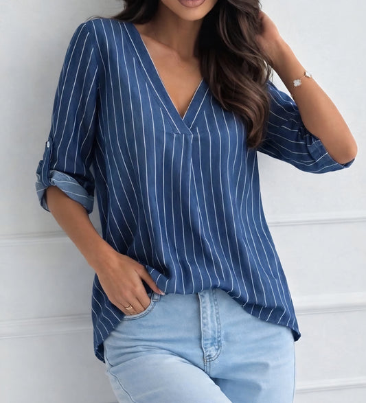 Randig blus i bomull med V-ringning Mörkblå