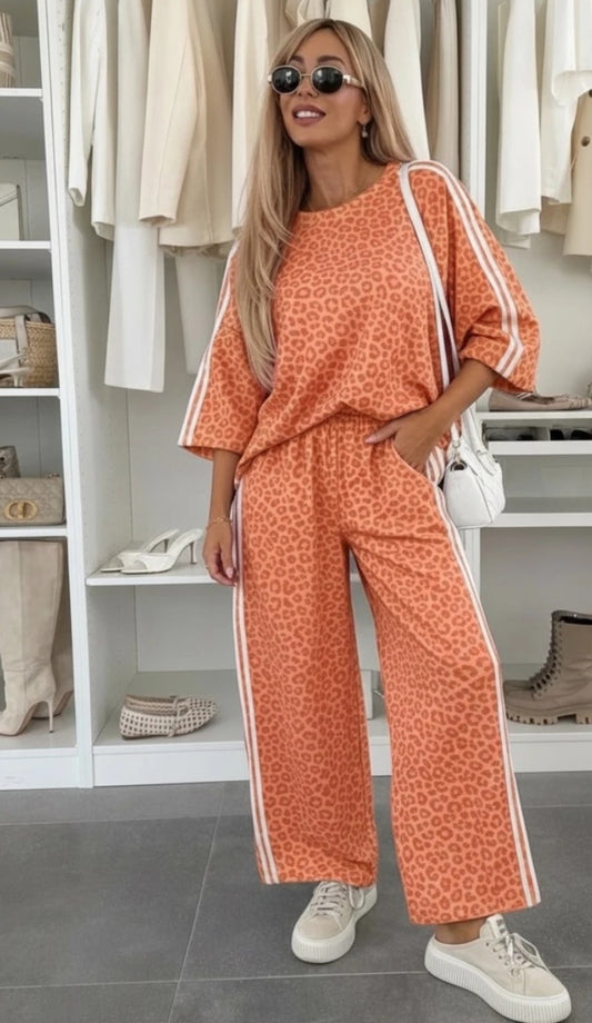 Leopard/randigt joggingset med 3/4-ärmar Orange