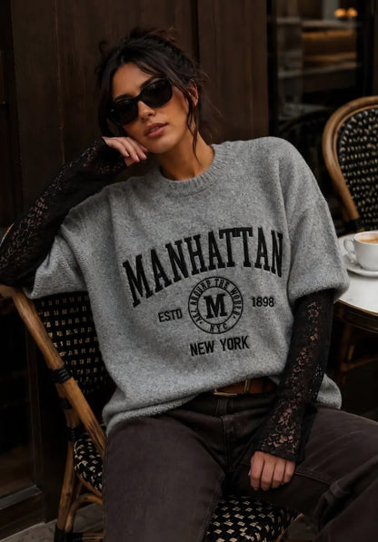 Tröja med bouclé-effekt i Manhattan, Spetsarm Grå